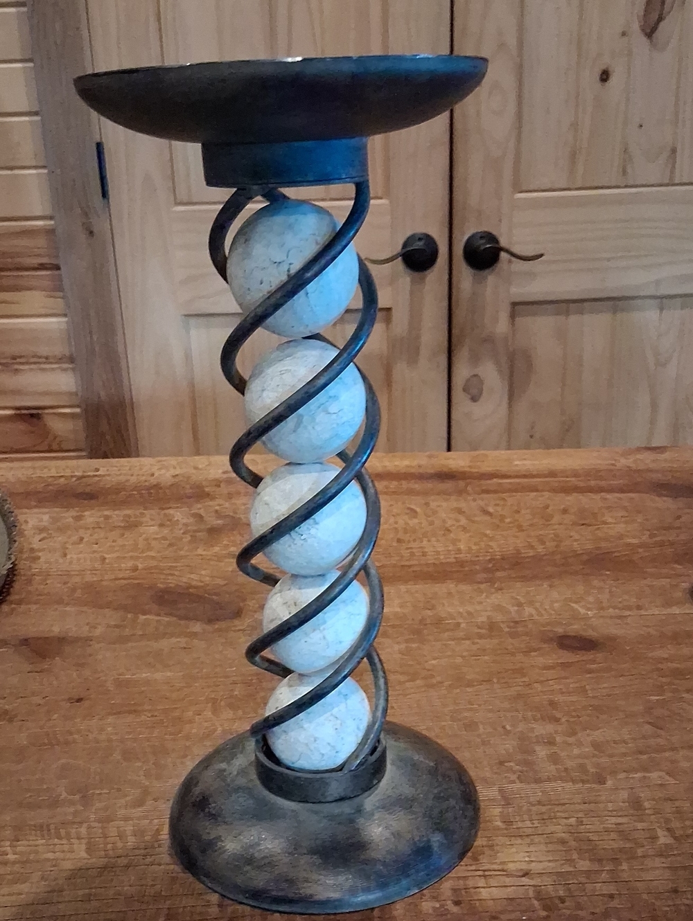 Spiral Metal Candle Stand with White Stone Spheres